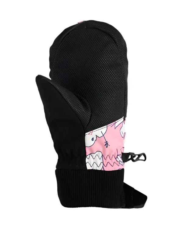 Obermeyer Junior's Thumbs Up Print Mitt 2025 - A pair of black mitts with a pink and white cartoon print on the back, featuring thumbs that appear to be waving.