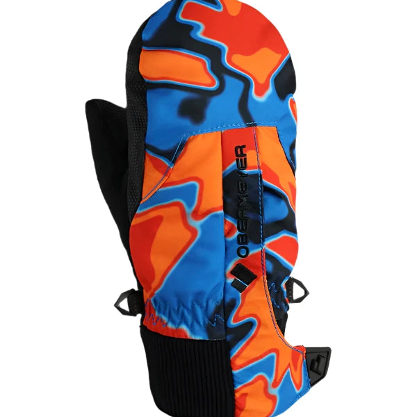 Obermeyer Junior's Thumbs Up Print Mitt 2025 - A pair of mitts with a colorful, abstract print featuring blue, orange, and black shapes on an orange background.