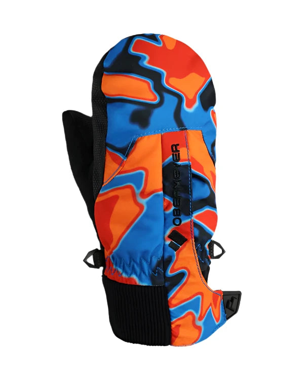 Obermeyer Junior's Thumbs Up Print Mitt 2025 - A pair of mitts with a colorful, abstract print featuring blue, orange, and black shapes on an orange background.