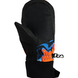 Obermeyer Junior's Thumbs Up Print Mitt 2025 - A black mitt with a blue and orange print on the thumb area.