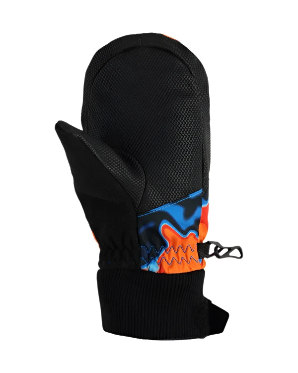 Obermeyer Junior's Thumbs Up Print Mitt 2025 - A black mitt with a blue and orange print on the thumb area.