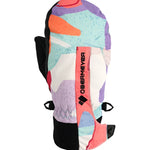 Obermeyer Junior's Thumbs Up Print Mitt 2025 - A pastel-colored mitt with a colorful abstract print featuring pink, purple, blue, and orange shapes on a white background.