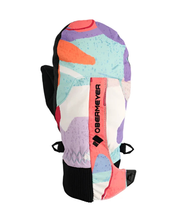 Obermeyer Junior's Thumbs Up Print Mitt 2025 - A pastel-colored mitt with a colorful abstract print featuring pink, purple, blue, and orange shapes on a white background.
