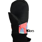 Obermeyer Junior's Thumbs Up Print Mitt 2025 - A black mitt with a pink and blue abstract print on the back of the hand, featuring a thumb hole and a strap closure at the wrist.