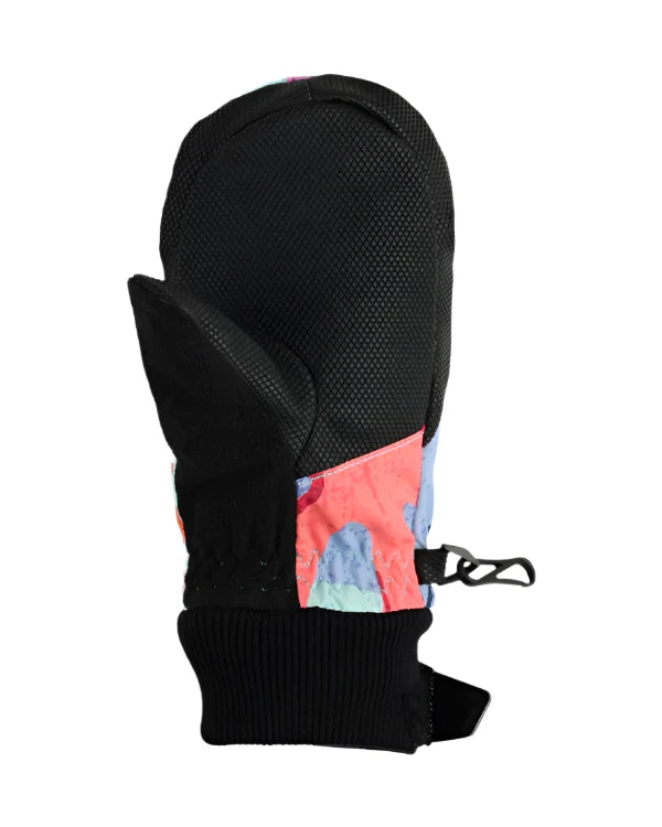 Obermeyer Junior's Thumbs Up Print Mitt 2025 - A black mitt with a pink and blue abstract print on the back of the hand, featuring a thumb hole and a strap closure at the wrist.
