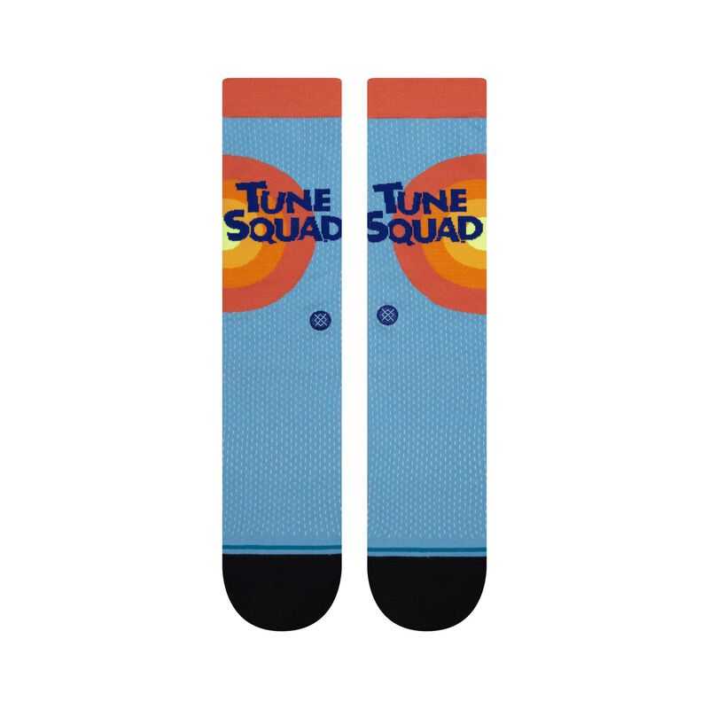 Tune Squad Crew C Sock 2022 - A pair of crew socks with a light blue background and an orange, yellow, and red target design on the top portion.