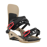 Union Atlas Pro Kazu Snowboard Binding - A tan snowboard binding with black straps and red buckles, featuring a distinctive "Kazu" logo on the strap.