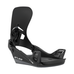 Union Atlas Step On Snowboard Binding - A black snowboard binding with a white logo on the top strap and a silver metal baseplate.