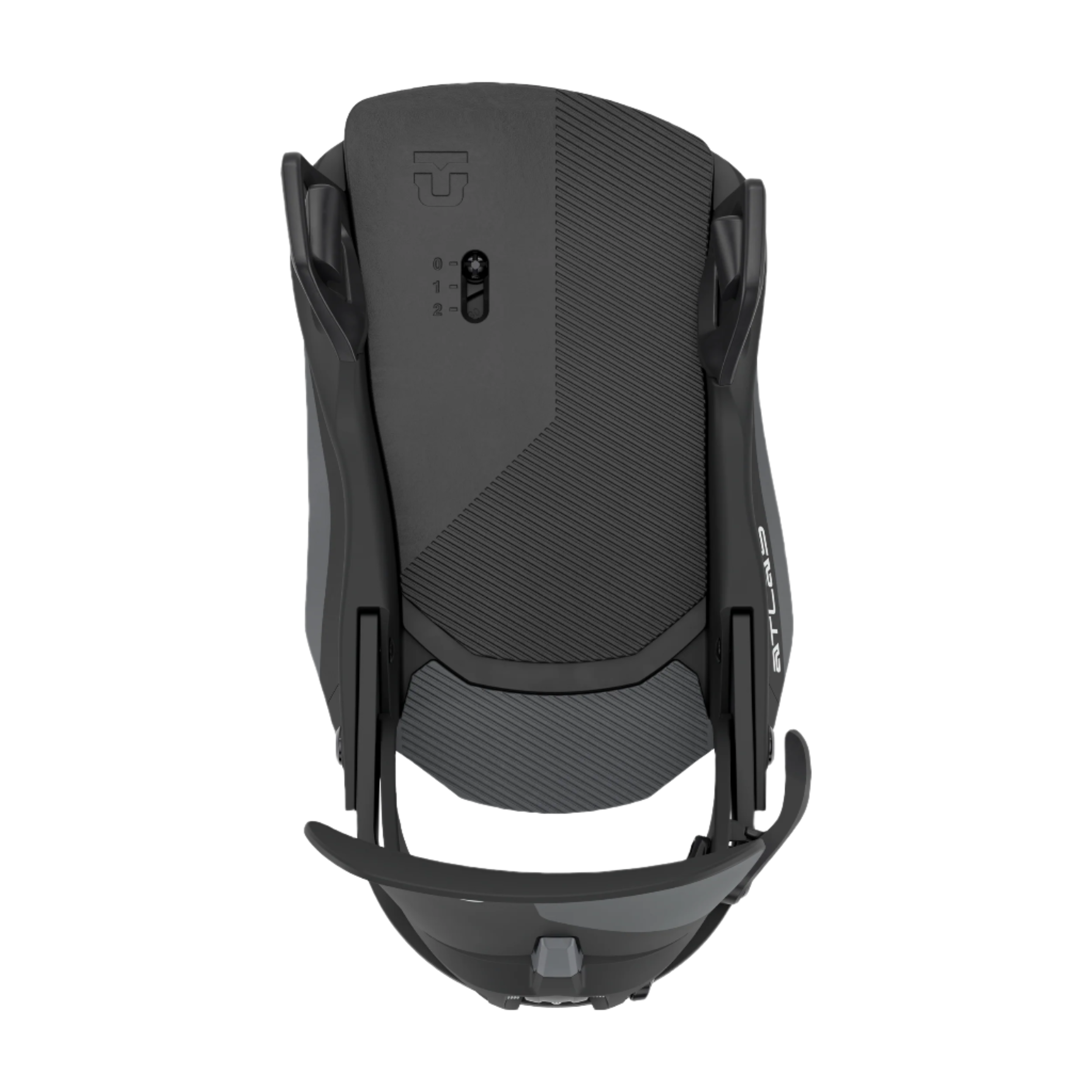 Union Atlas Step On Snowboard Binding - A black snowboard binding with a textured surface and a small logo at the top, viewed from above.