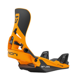 Union Atlas Step On Snowboard Binding - A snowboard binding with a black and orange color scheme, featuring a prominent "U" logo on top of the footbed.