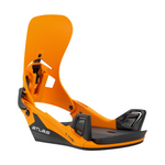 Union Atlas Step On Snowboard Binding - A bright orange snowboard binding with a black base and white lettering, featuring a distinctive "Step On" logo on the top strap.