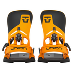 Union Atlas Step On Snowboard Binding - A pair of snowboard bindings with a black and orange color scheme, featuring a prominent "U" logo on top.