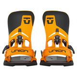 Union Atlas Step On Snowboard Binding - A pair of snowboard bindings with a black and orange color scheme, featuring a prominent "U" logo on top.