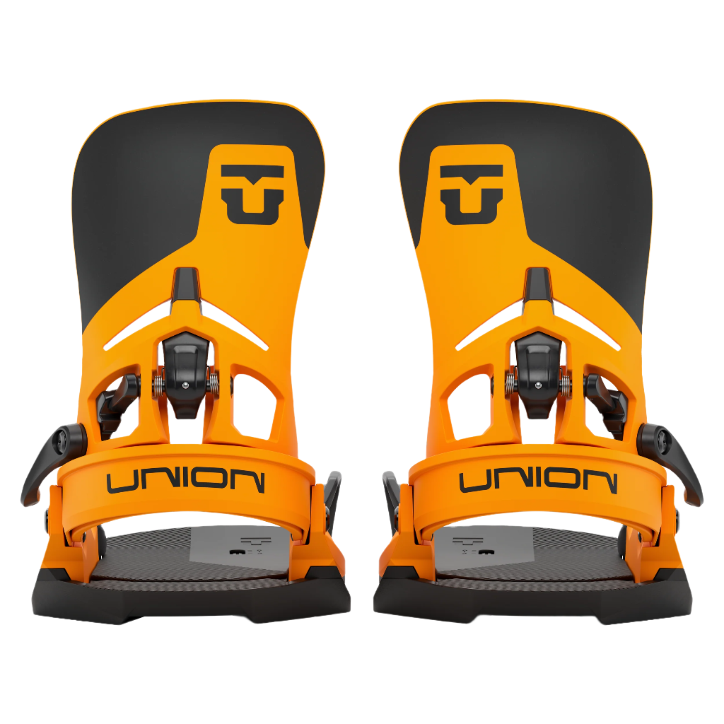Union Atlas Step On Snowboard Binding - A pair of snowboard bindings with a black and orange color scheme, featuring a prominent "U" logo on top.