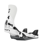 Union Atlas Step On Snowboard Binding - A white snowboard binding with a black base and gray accents, featuring the word "ATLAS" in white on the front.