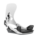 Union Atlas Step On Snowboard Binding - A white snowboard binding with a black strap and a silver buckle on top of a black base plate.