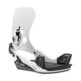 Union Atlas Step On Snowboard Binding - A white snowboard binding with a black strap and a silver buckle on top of a black base plate.