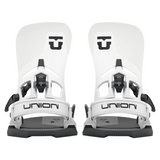 Union Atlas Step On Snowboard Binding - White snowboard bindings with black buckles and straps, featuring a sleek design on a solid white background.
