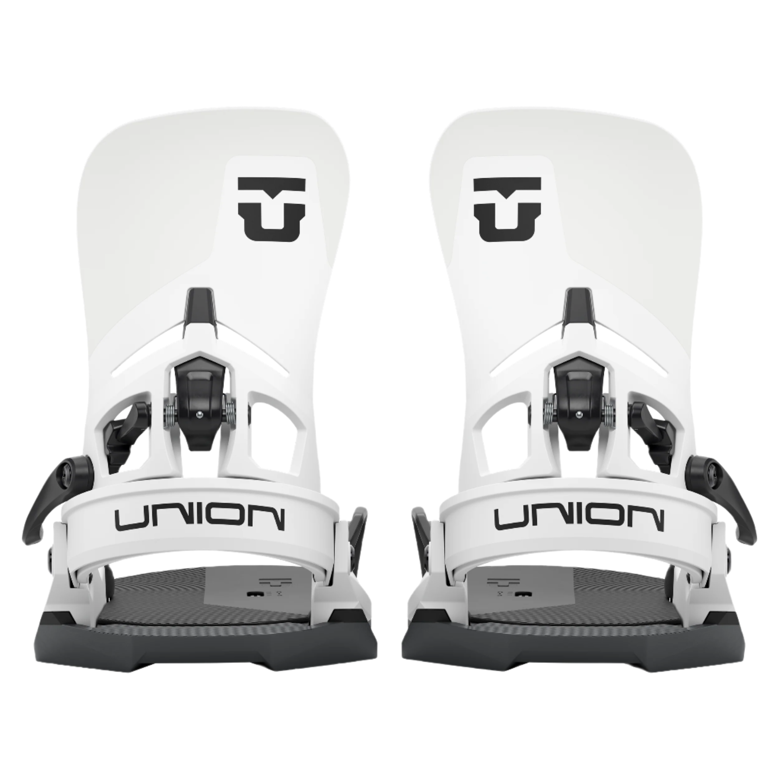 Union Atlas Step On Snowboard Binding - White snowboard bindings with black buckles and straps, featuring a sleek design on a solid white background.