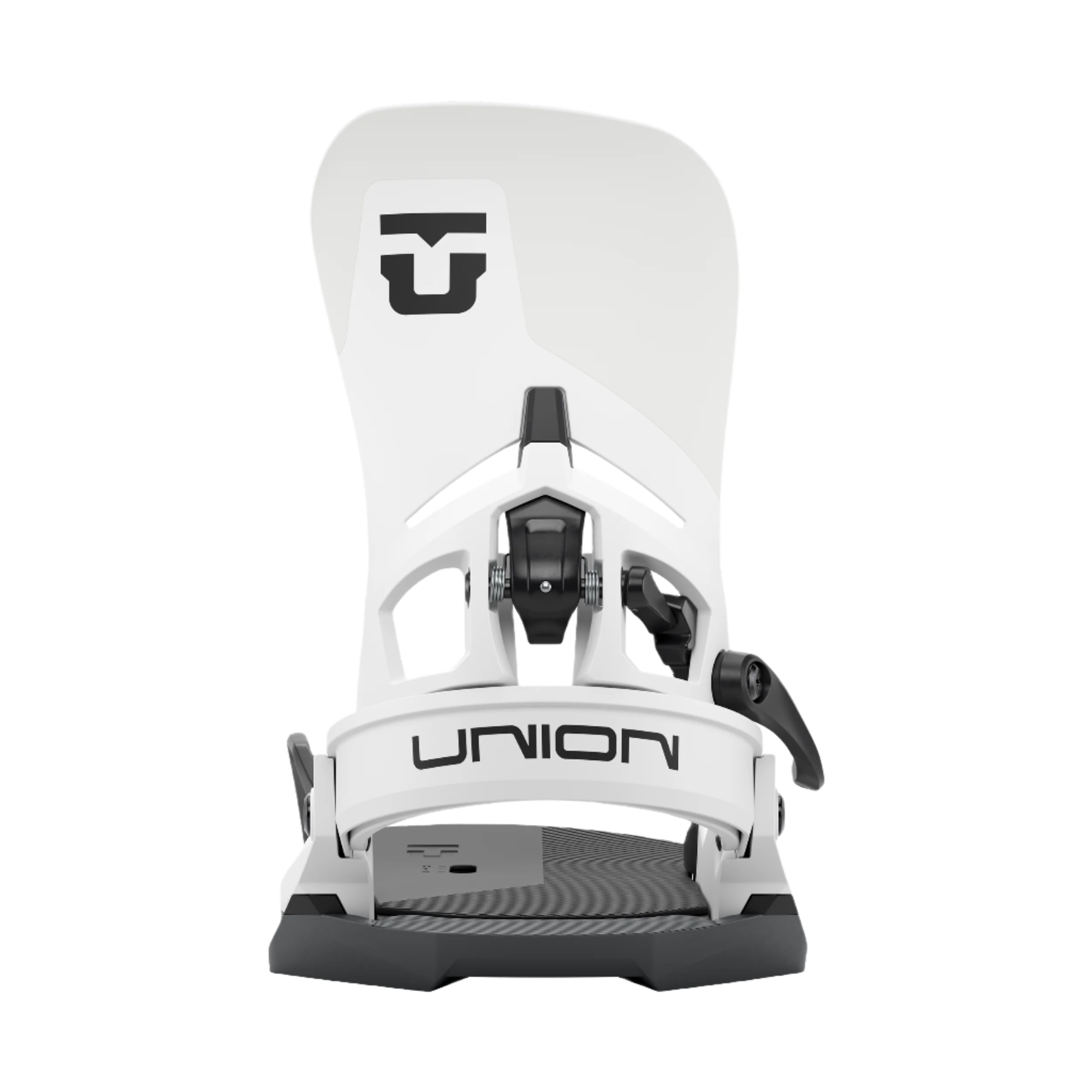 Union Atlas Step On Snowboard Binding - A white snowboard binding with a black logo on top and a black strap on the side.