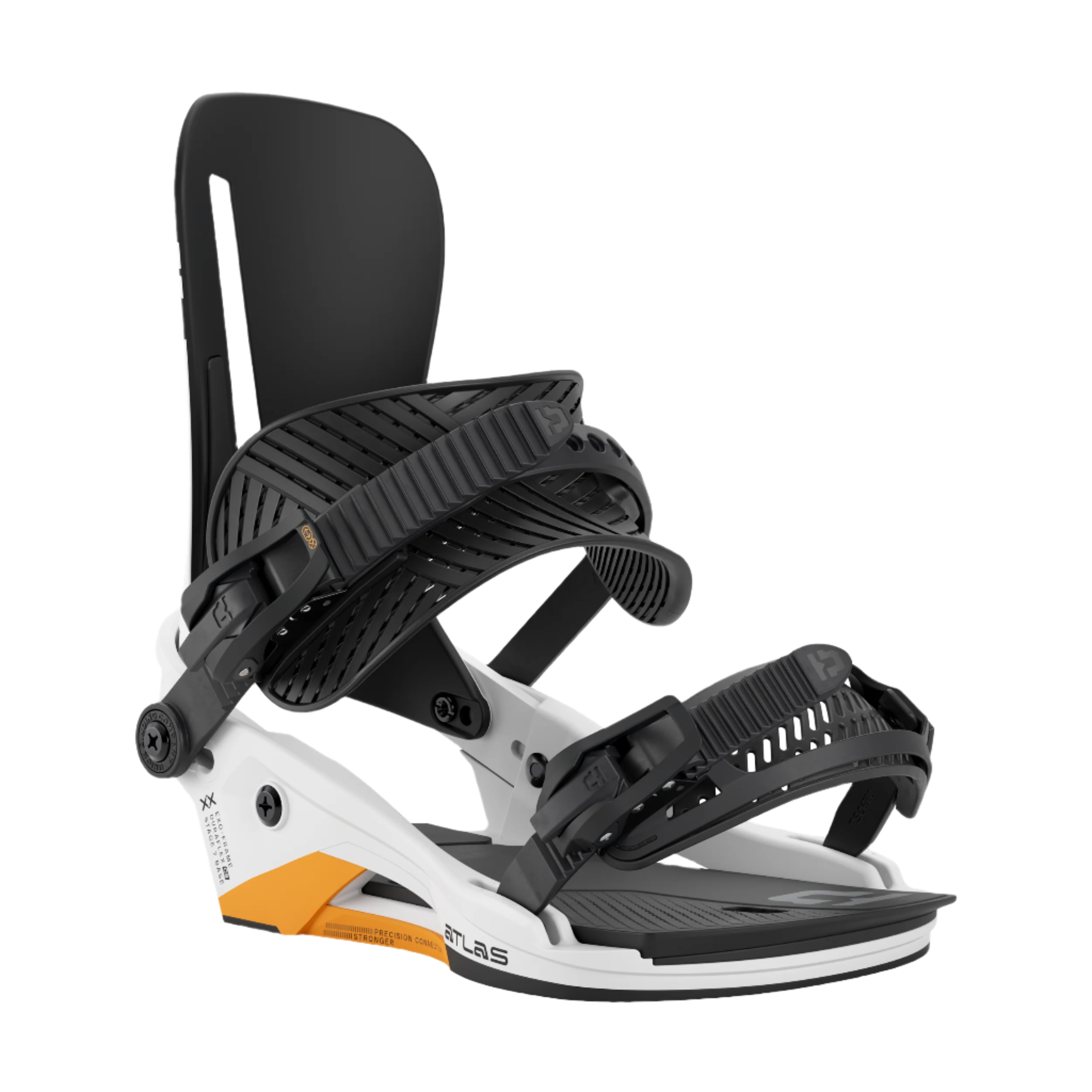 Union Atlas Snowboard Binding - A black snowboard binding with a white baseplate, featuring a distinctive orange stripe on the heel side of the baseplate.
