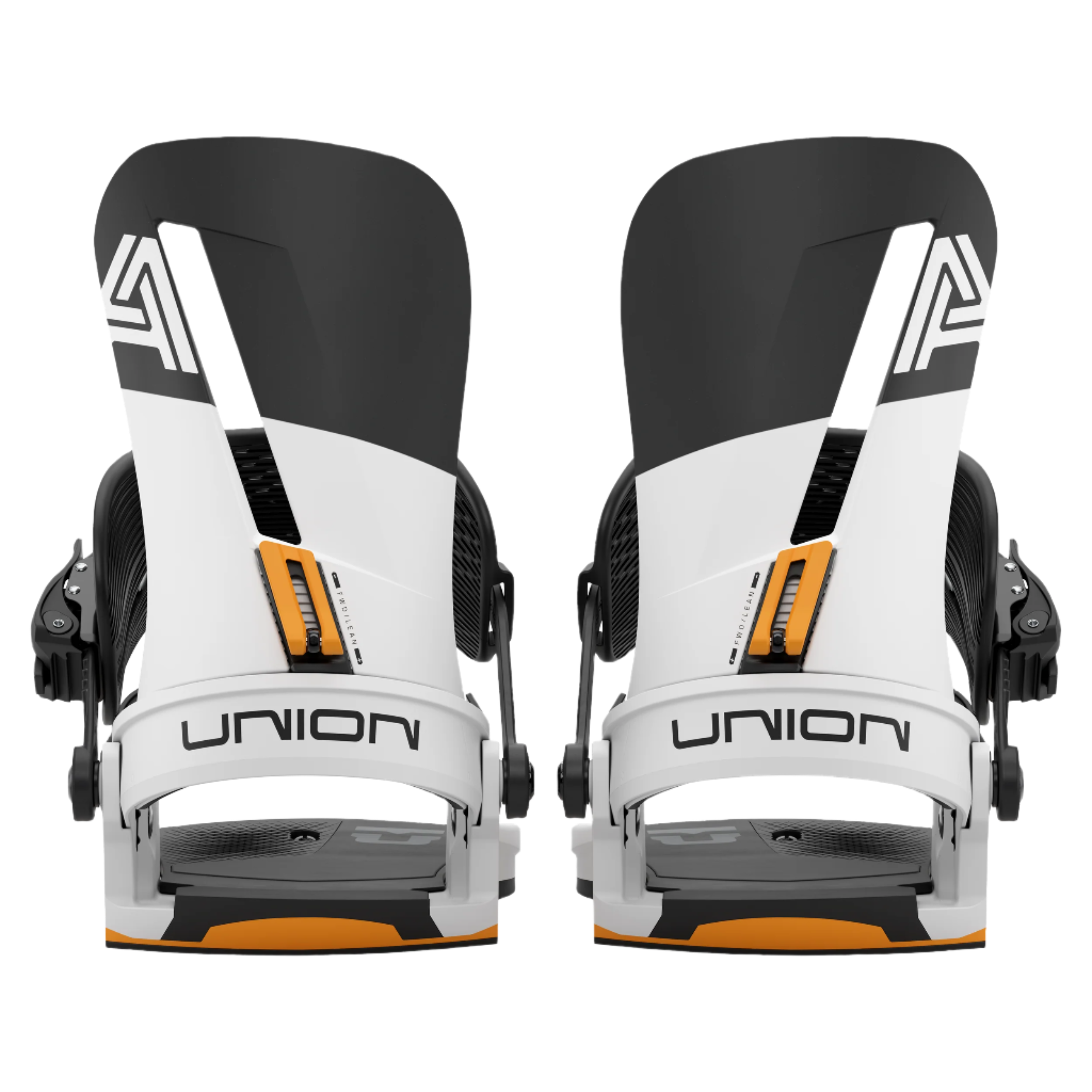 Union Atlas Snowboard Binding - White snowboard bindings with black straps and buckles, featuring a distinctive orange logo on the top strap.