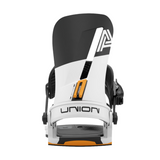 Union Atlas Snowboard Binding - A white snowboard binding with a black top cap, featuring an orange strap and a gray base plate.