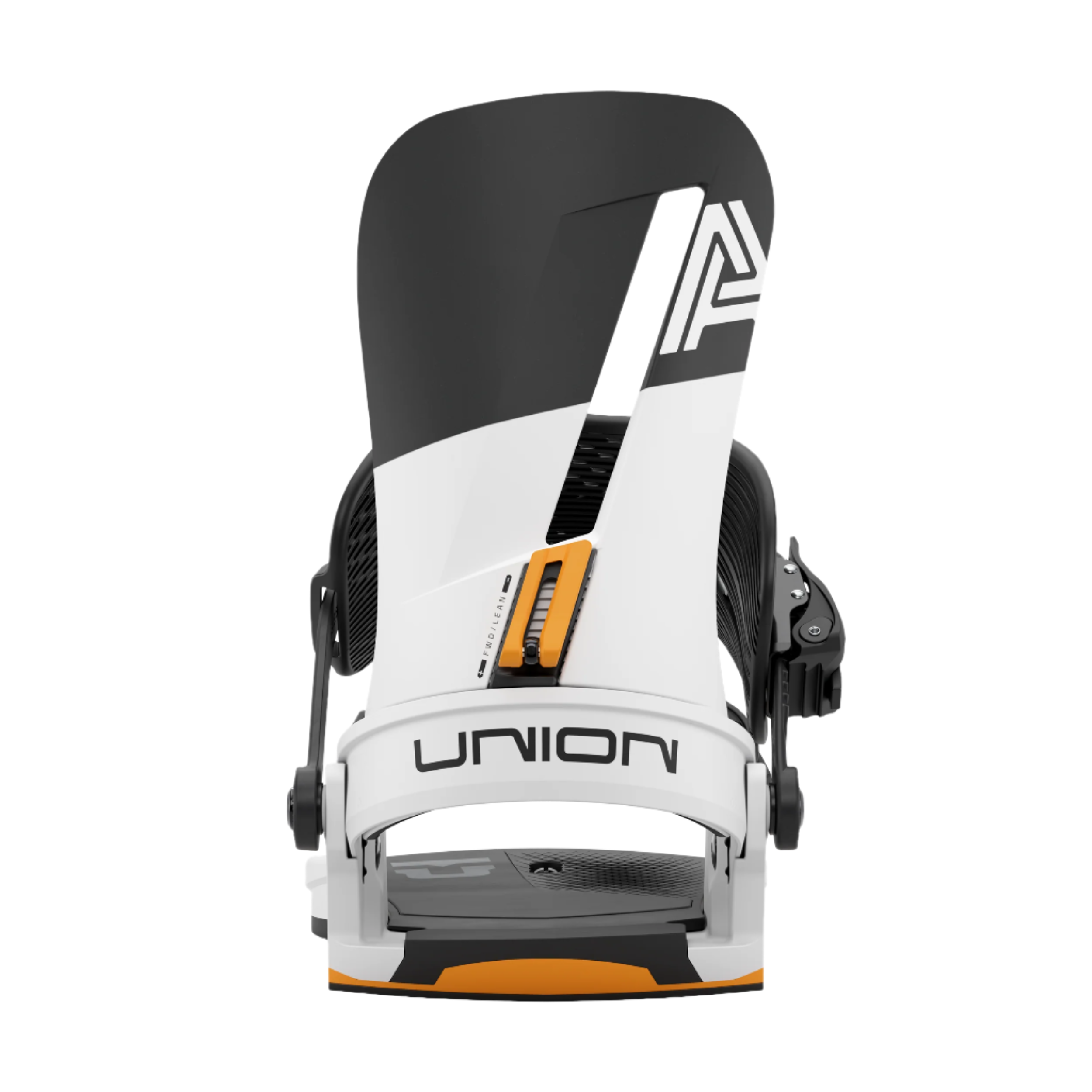 Union Atlas Snowboard Binding - A white snowboard binding with a black top cap, featuring an orange strap and a gray base plate.