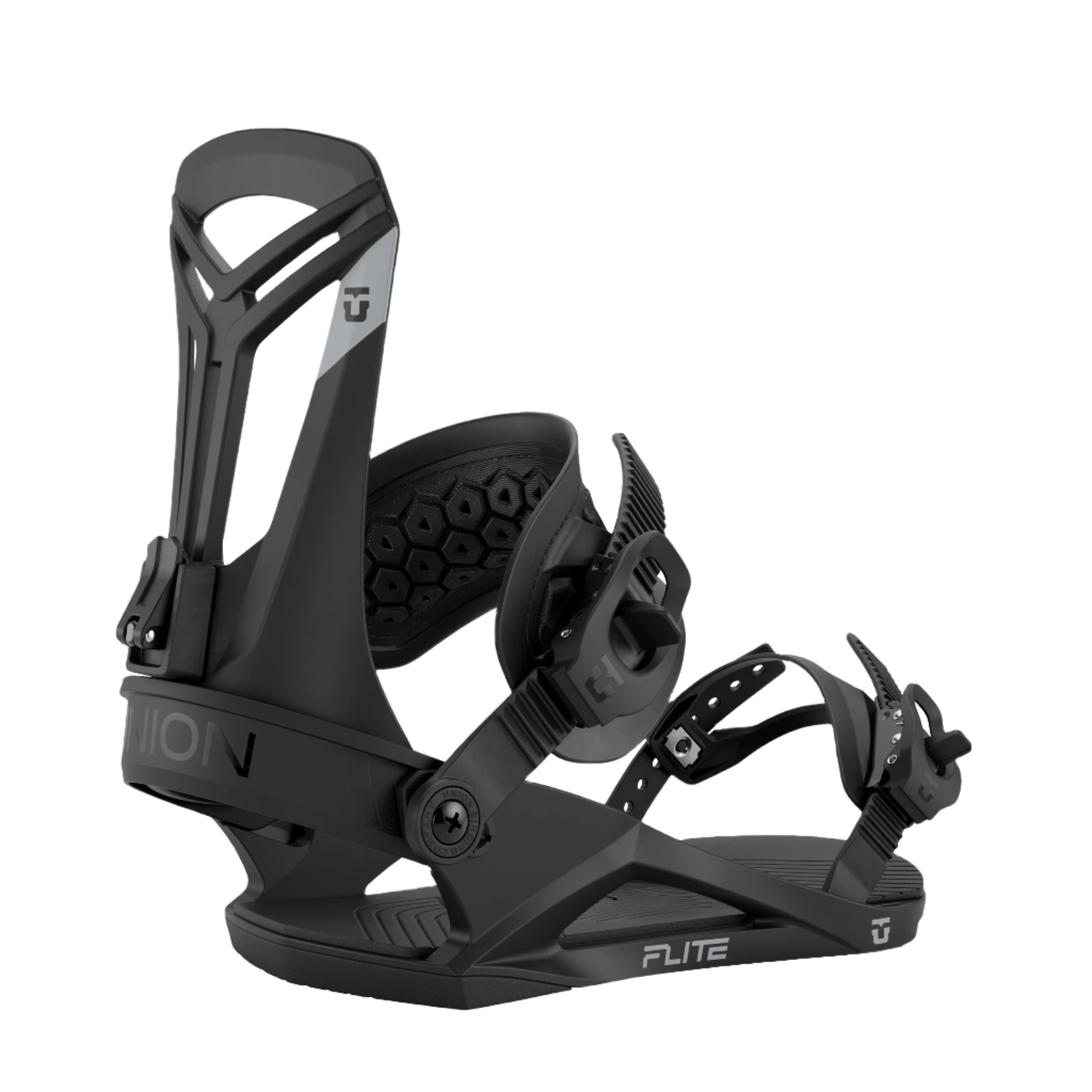 Union Flite Snowboard Binding - Black snowboard bindings with a sleek, modern design and silver hardware.