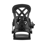 Union Flite Pro Snowboard Binding - A black snowboard binding with a geometric cutout design on its baseplate and straps.