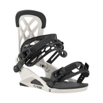 Union Flite Pro Snowboard Binding - A white snowboard binding with black straps and buckles, featuring a geometric pattern on the baseplate.