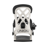 Union Flite Pro Snowboard Binding - A white snowboard binding with a black strap and buckle, featuring an X-shaped cutout on its baseplate.
