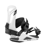 Union Flite Snowboard Binding - A white snowboard binding with black buckles and straps, featuring a geometric pattern on the strap.