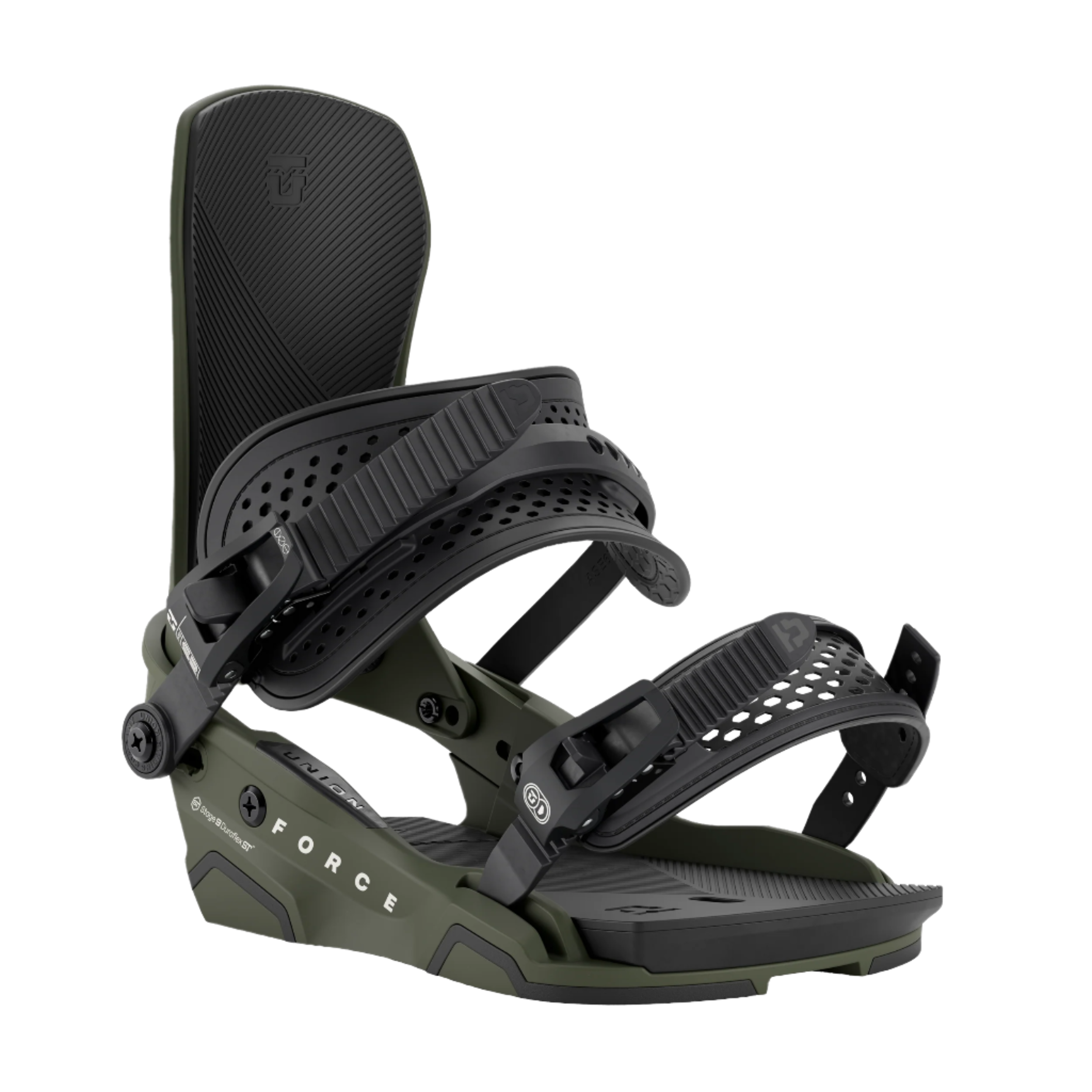 Union Force - Snowboard binding with olive green baseplate and black straps.