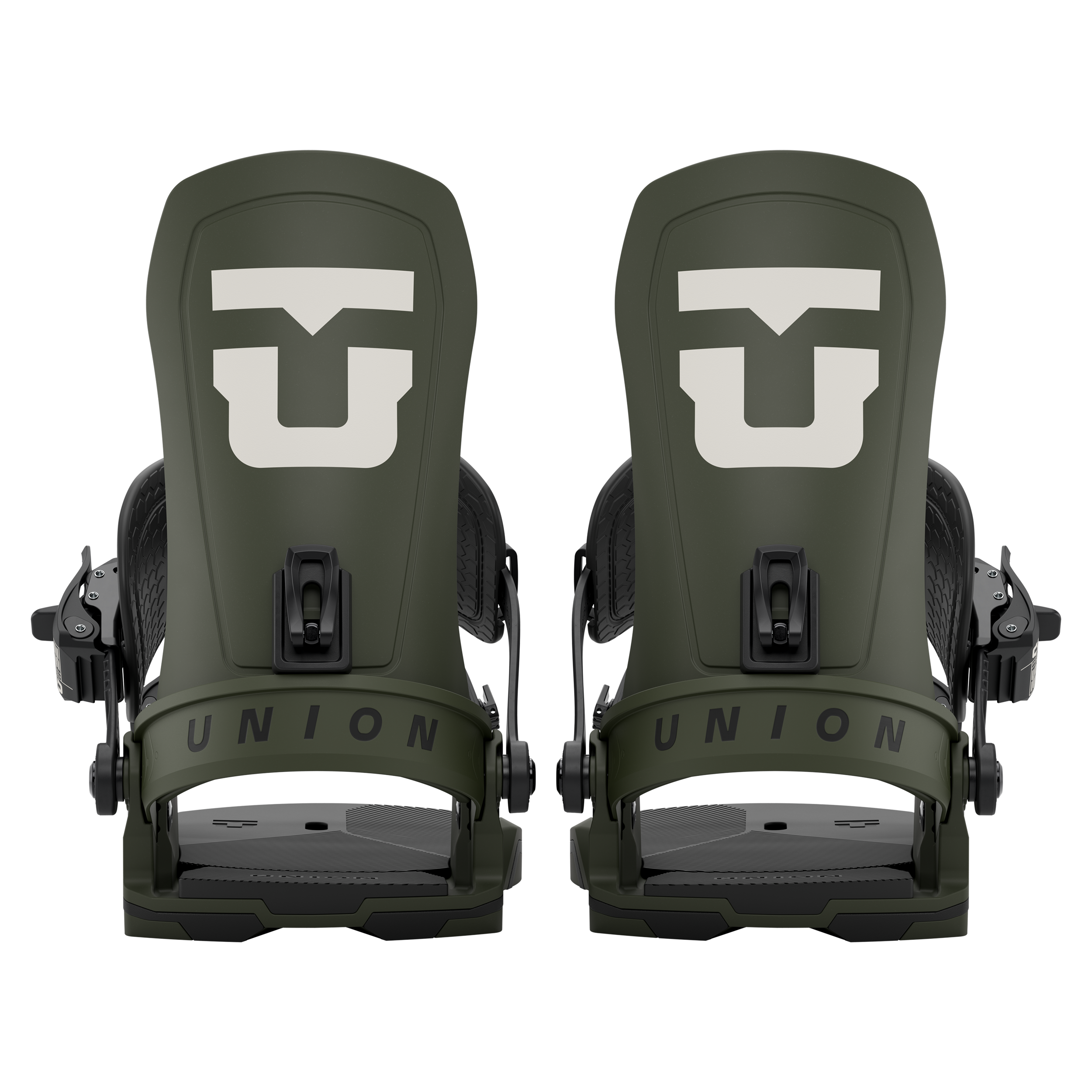 Union Force - Dark-colored snowboard bindings with a large white "U" logo on top of each binding.