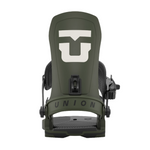Union Force Snowboard Binding - A dark green snowboard binding with a white logo on top and black buckles.