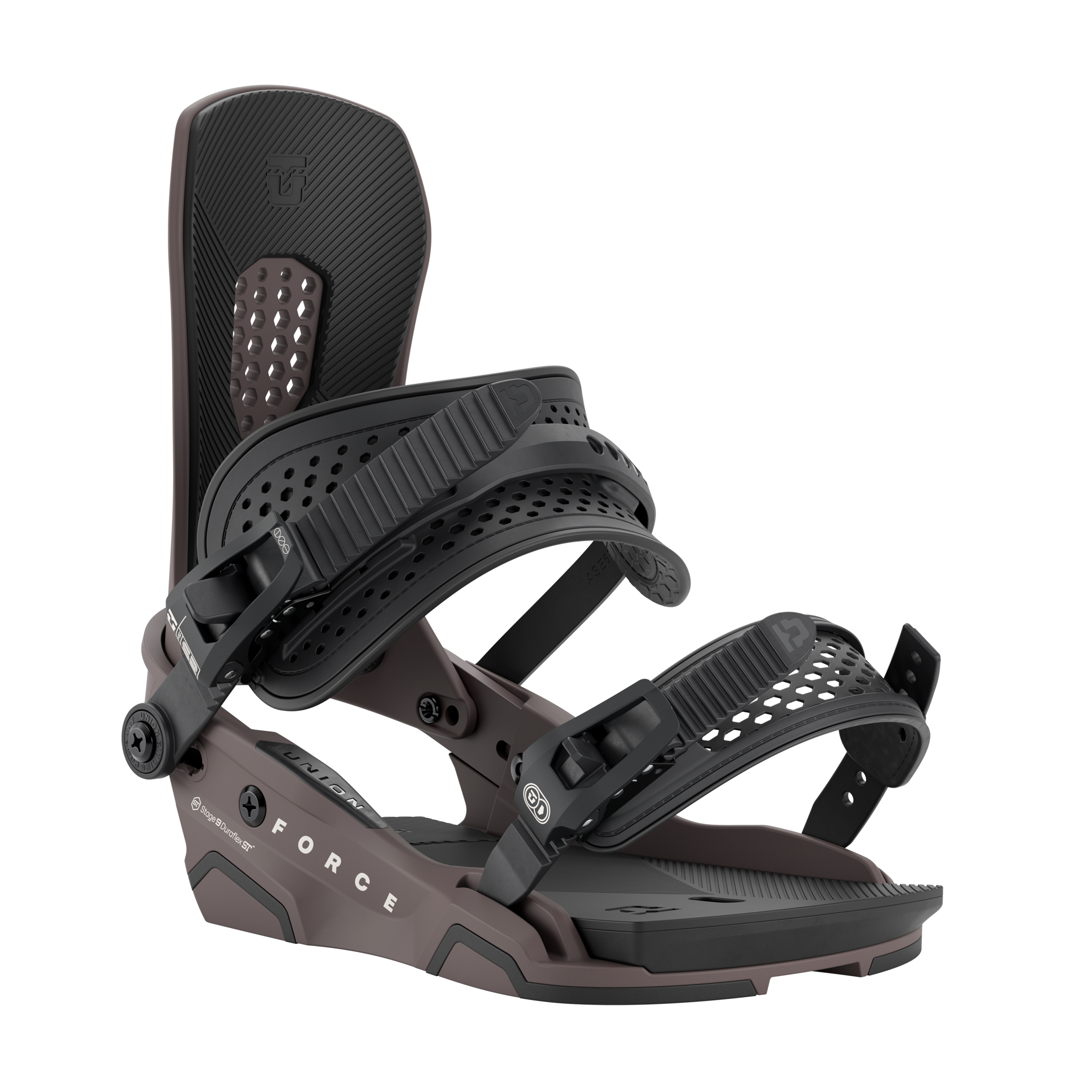 Union Force - Black snowboard binding with a brown baseplate and black straps.