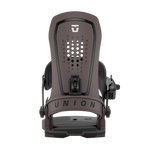 Union Force Snowboard Binding - A brown snowboard binding with a white logo on top and black buckles.