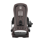 Union Force Snowboard Binding - A brown snowboard binding with a white logo on top and black buckles.