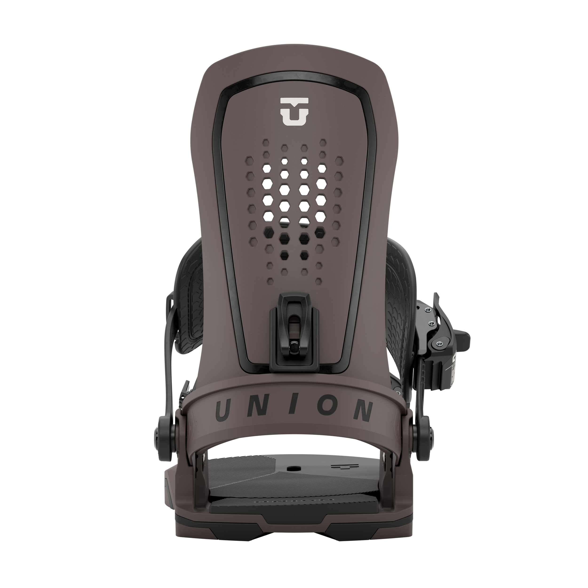 Union Force Snowboard Binding - A brown snowboard binding with a white logo on top and black buckles.