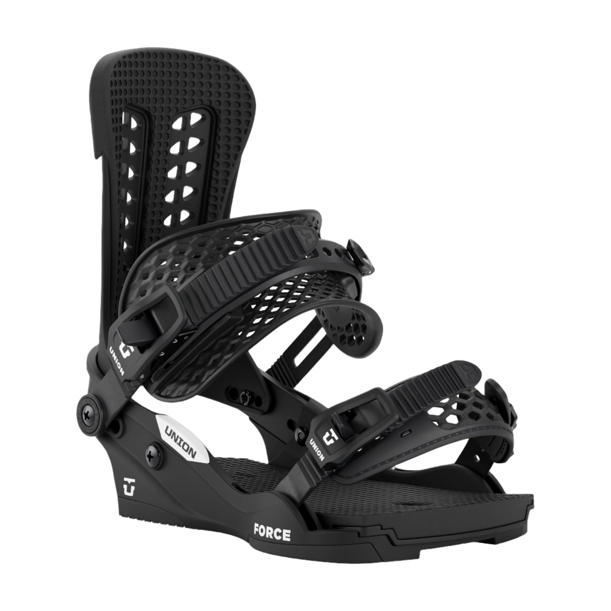Union Force Classic Snowboard Bindings - Black snowboard bindings with a textured plastic base and black buckles.