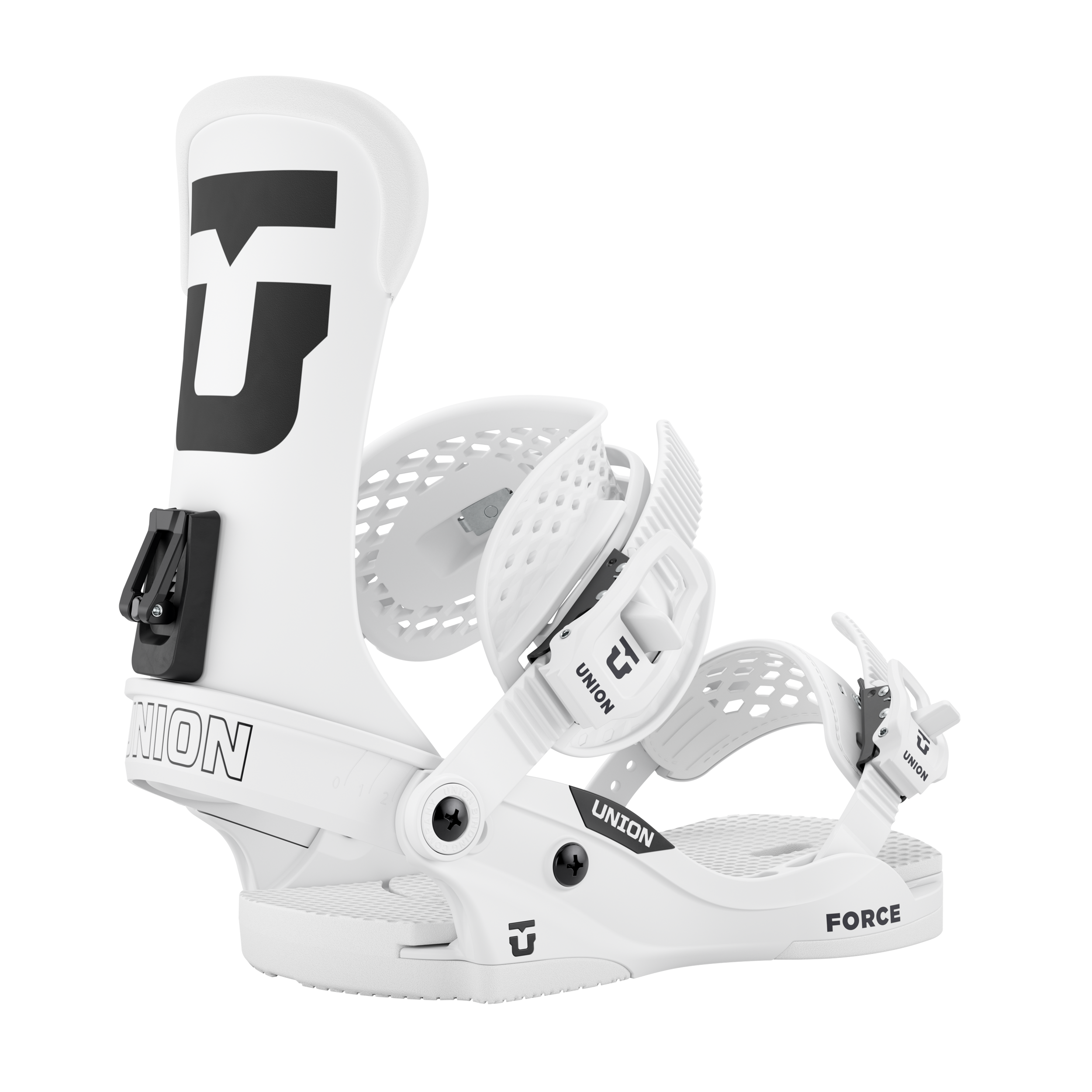 Union Force Classic Snowboard Bindings - White bindings with black buckles and straps.