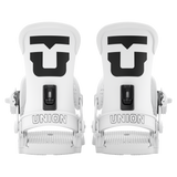 Union Force Classic Snowboard Bindings 2026 - A pair of white snowboard bindings with black buckles and straps, featuring a sleek design with a prominent "U" logo on top.