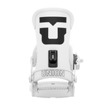 Union Force Classic Snowboard Bindings 2026 - A pair of white snowboard bindings with a black logo on top and a black strap in front.