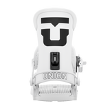Union Force Classic Snowboard Bindings 2026 - A pair of white snowboard bindings with a black logo on top and a black strap in front.