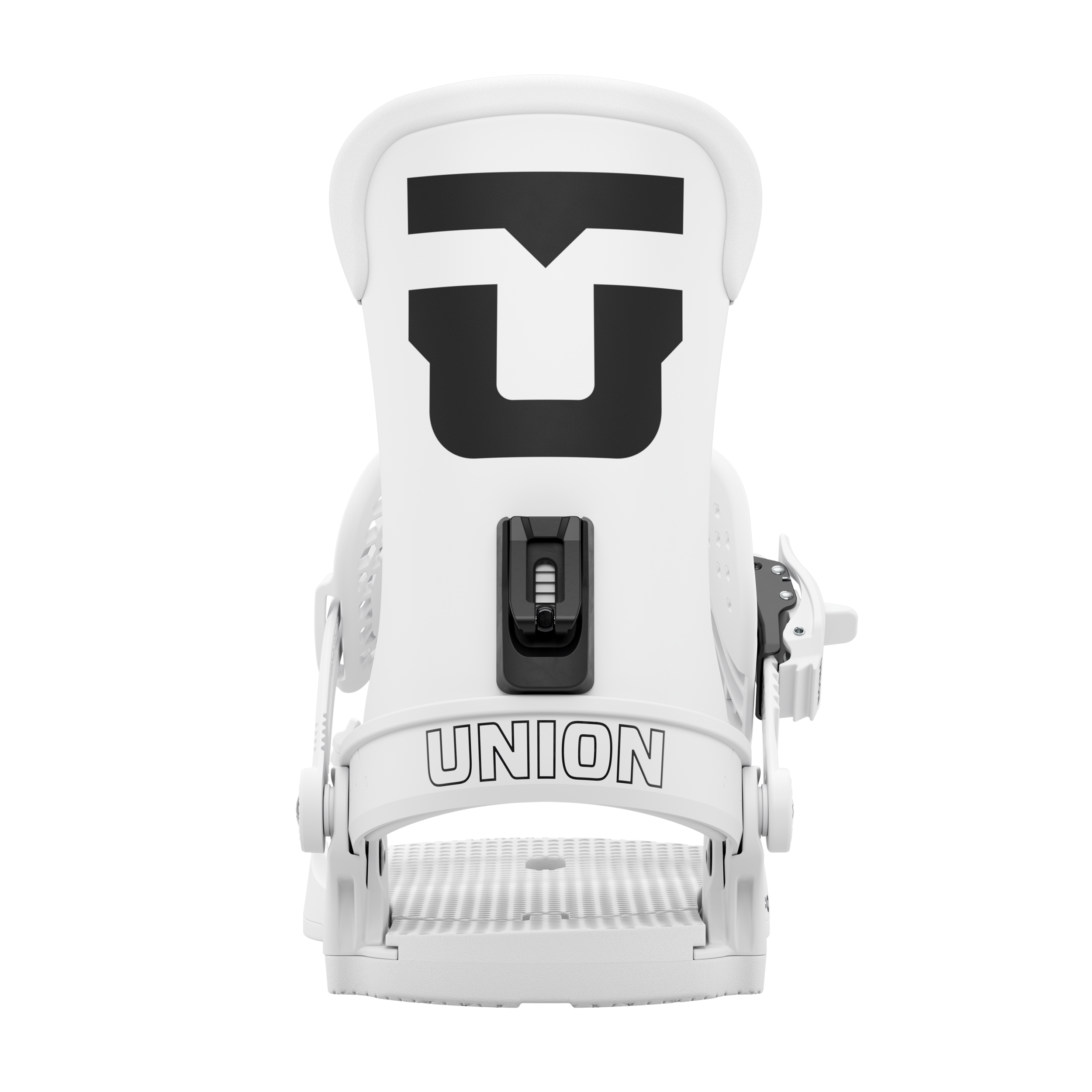 Union Force Classic Snowboard Bindings 2026 - A pair of white snowboard bindings with a black logo on top and a black strap in front.