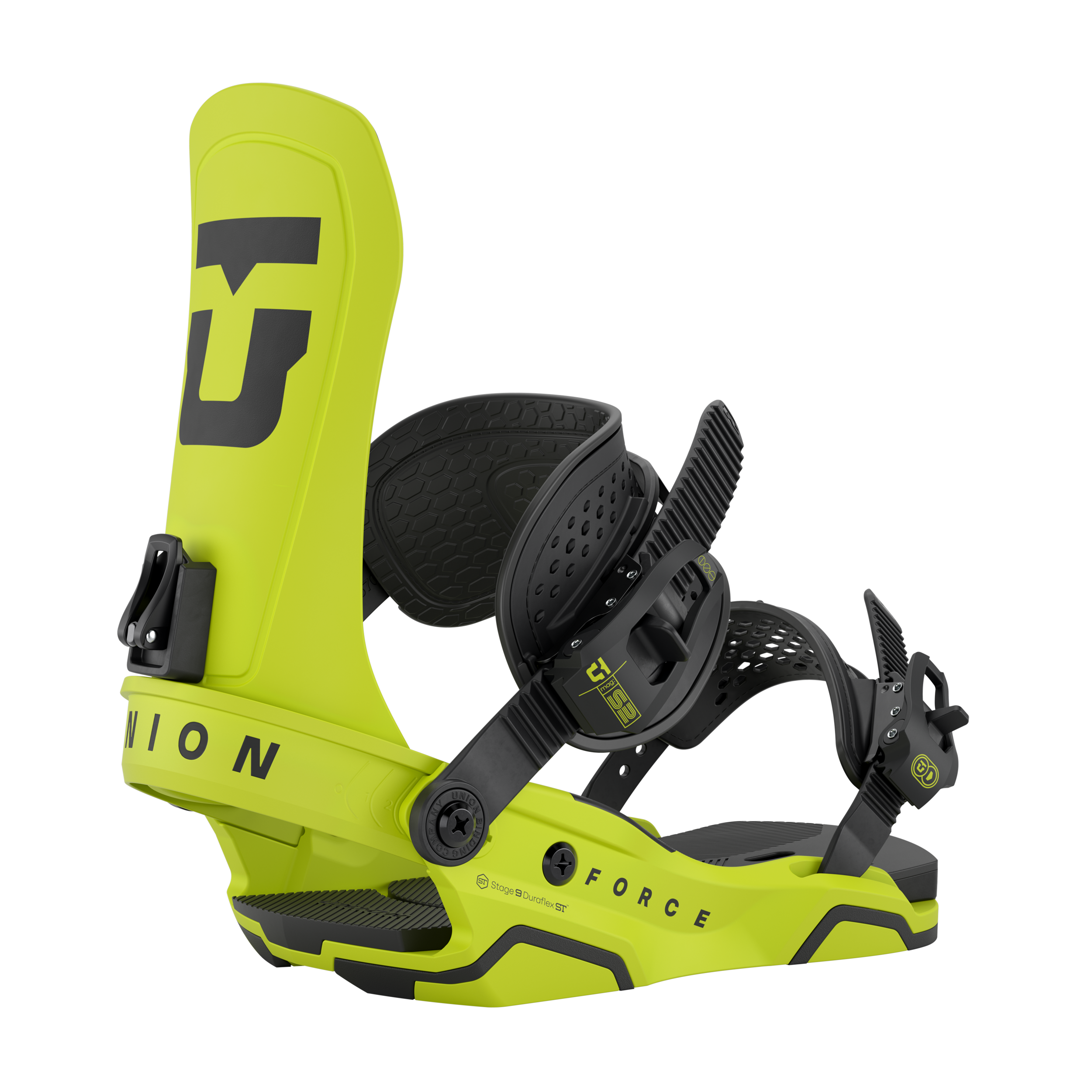 Union Force - A lime green snowboard binding with black buckles and straps, featuring a textured pattern on the footbed.