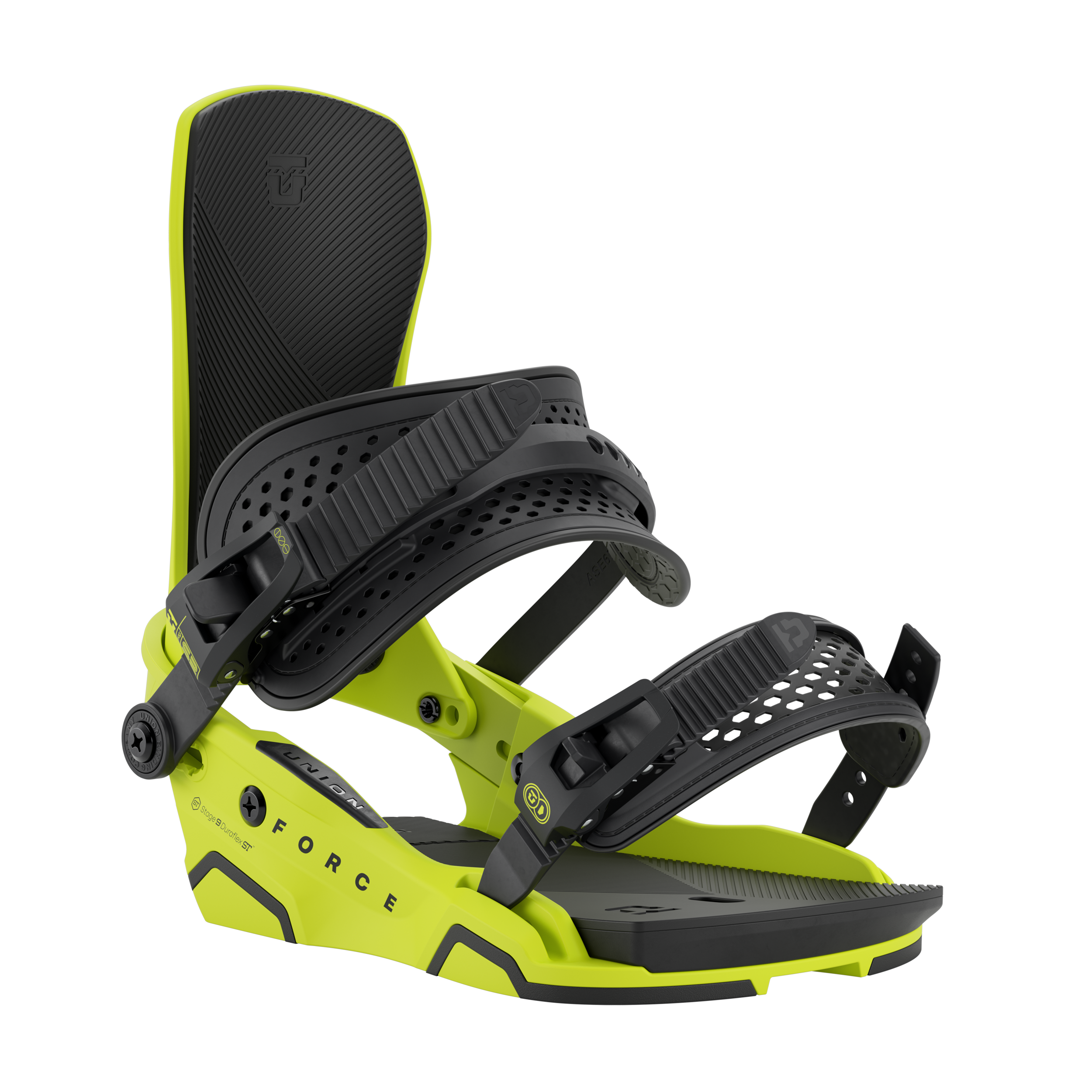Union Force - A black snowboard binding with a neon green baseplate and straps.