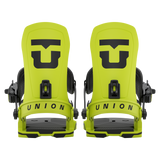 Union Force Snowboard Binding - A lime green snowboard binding with a black logo on top and black buckles.