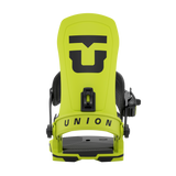 Union Force Snowboard Binding - A lime green snowboard binding with a black logo on top and black buckles.